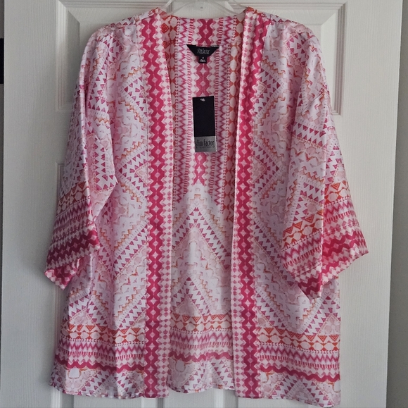 Investments Tops - Investments 3/4 Sleeve Open Front Kimono: Magenta/White/Orange Mosaic Tile Print